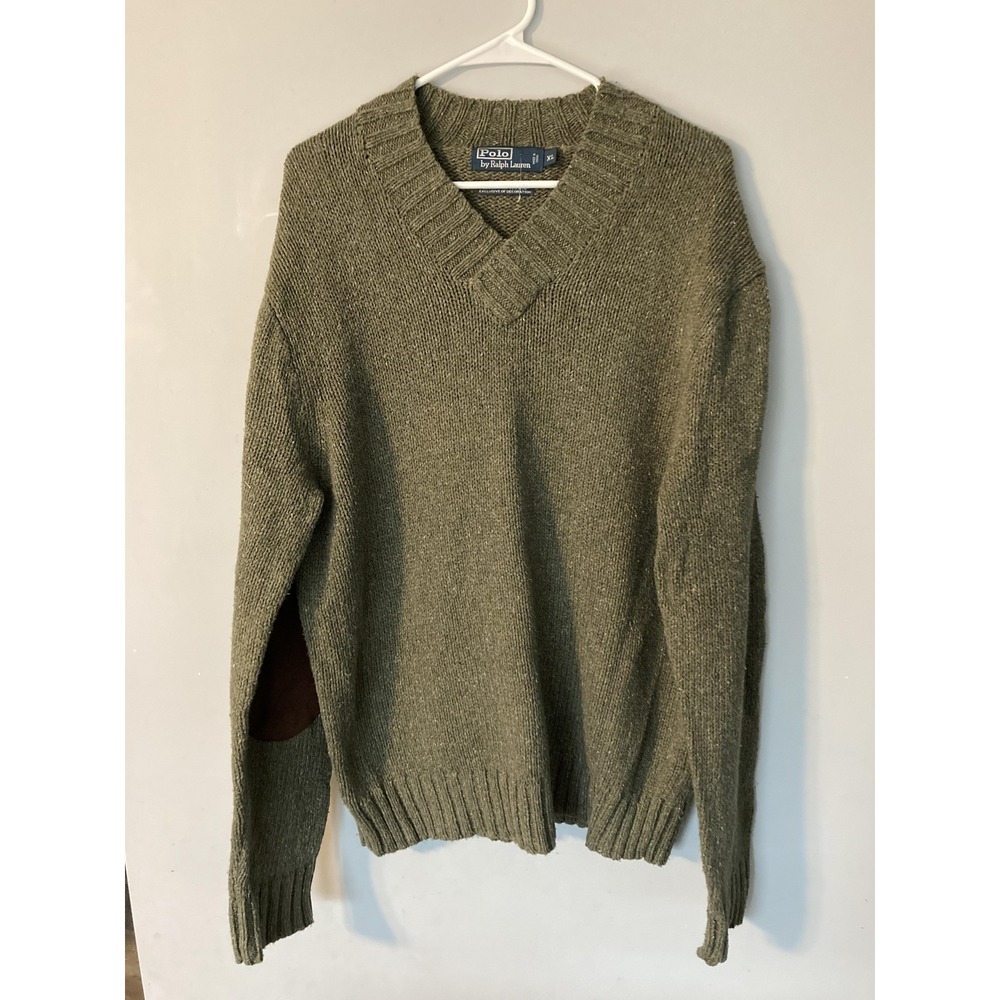 Vtg Polo Ralph Lauren Sweater Men XL Olive Vneck Knit Cotton Hemp Elbow Patches